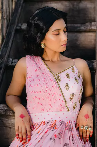 Blush pink floral printed embroidered gown