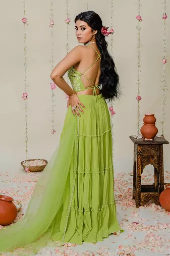 Green pleated embroidered sharara set