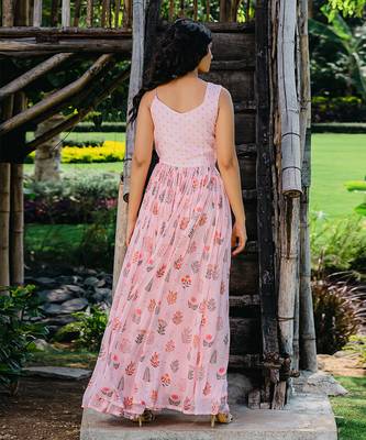 Blush pink floral printed embroidered gown 4