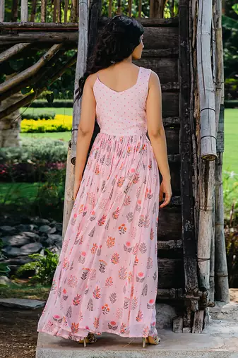 Blush pink floral printed embroidered gown
