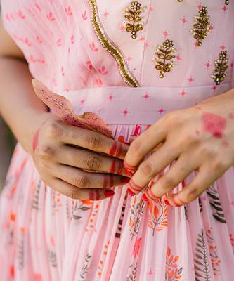 Blush pink floral printed embroidered gown 5