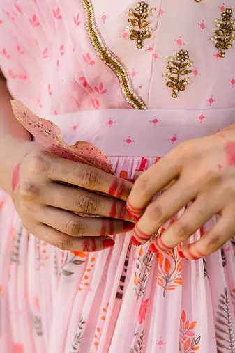 Blush pink floral printed embroidered gown