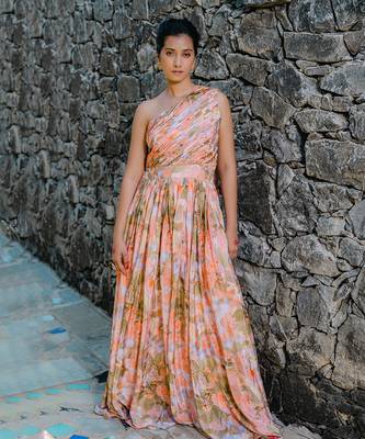 Coral peach printed & pleated jumpsuit 1