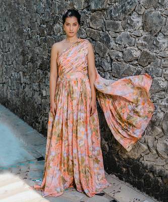 Coral peach printed & pleated jumpsuit 2