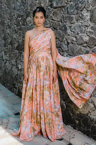 Coral peach printed & pleated jumpsuit