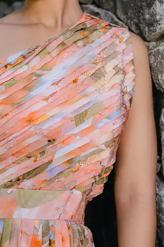Coral peach printed & pleated jumpsuit