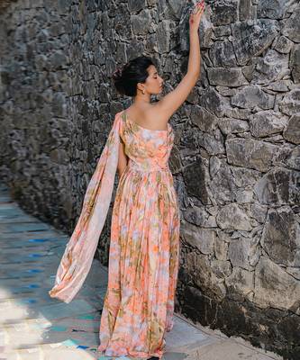 Coral peach printed & pleated jumpsuit 4