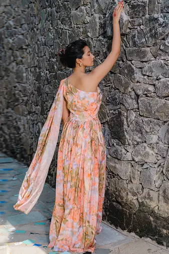 Coral peach printed & pleated jumpsuit