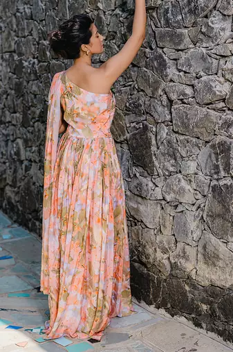 Coral peach printed & pleated jumpsuit