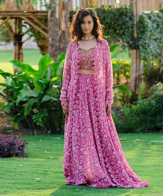 Mauve printed & embroidered long jacket set 1