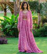 Mauve printed & embroidered long jacket set