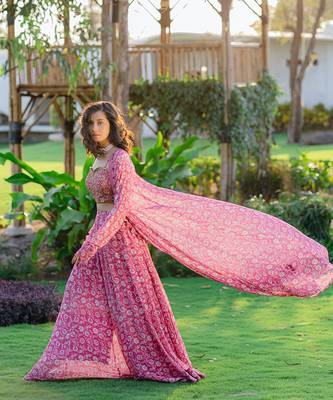 Mauve printed & embroidered long jacket set 2