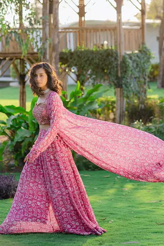 Mauve printed & embroidered long jacket set