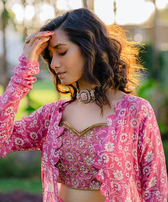 Mauve printed & embroidered long jacket set 3