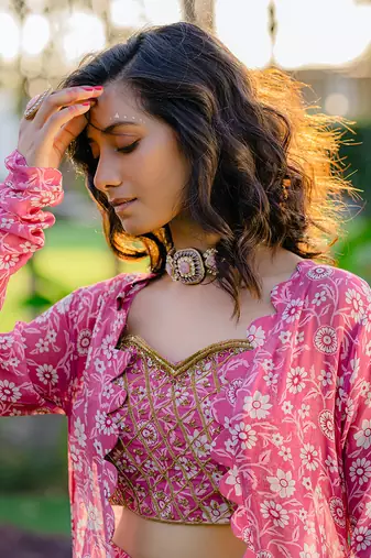 Mauve printed & embroidered long jacket set