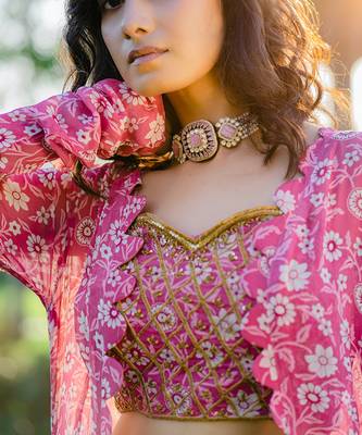 Mauve printed & embroidered long jacket set 4