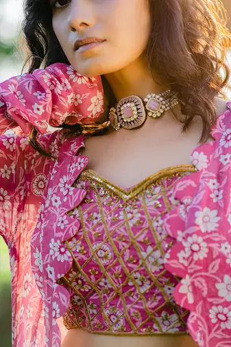 Mauve printed & embroidered long jacket set