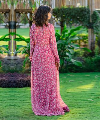 Mauve printed & embroidered long jacket set 5