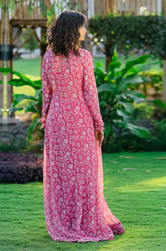 Mauve printed & embroidered long jacket set