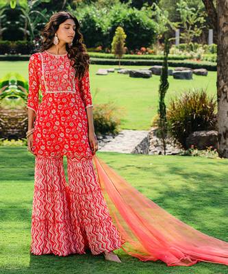 Cherry red floral printed sharara set 1