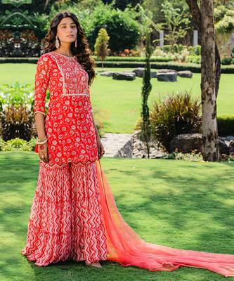 Cherry red floral printed sharara set 2