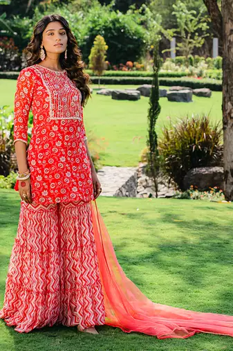 Cherry red floral printed sharara set