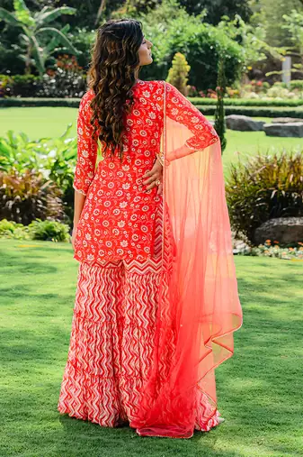 Cherry red floral printed sharara set