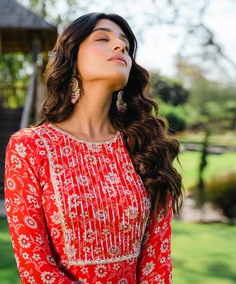 Cherry red floral printed sharara set 4