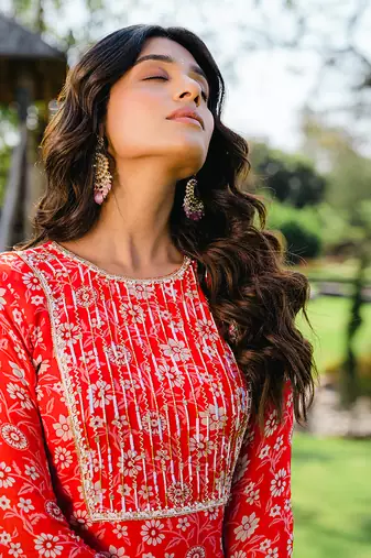 Cherry red floral printed sharara set