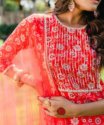 Cherry red floral printed sharara set 5
