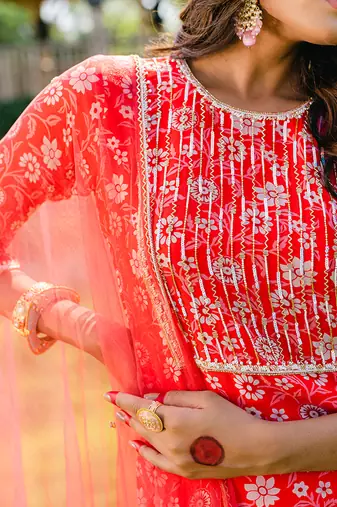 Cherry red floral printed sharara set