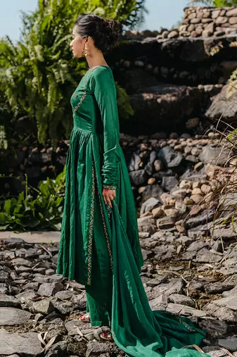 Emerald green embroidered anarkali set