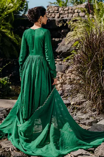 Emerald green embroidered anarkali set