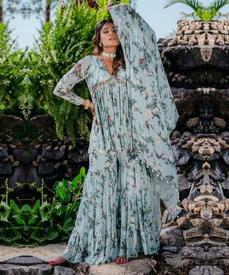 Powder blue printed & embroidered sharara set 1
