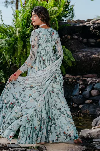Powder blue printed & embroidered sharara set