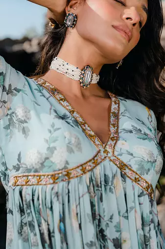 Powder blue printed & embroidered sharara set