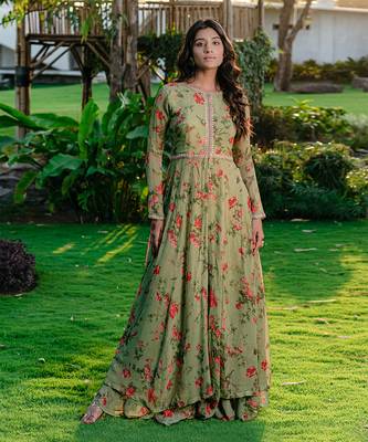 Pista green embroidered & printed anarkali set 1