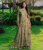 Pista green embroidered & printed anarkali set