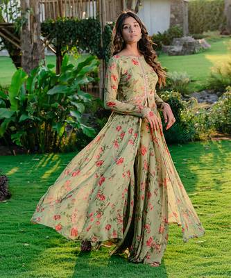 Pista green embroidered & printed anarkali set 2
