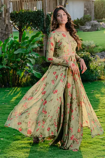 Pista green embroidered & printed anarkali set