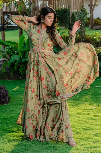 Pista green embroidered & printed anarkali set