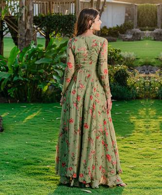 Pista green embroidered & printed anarkali set 5