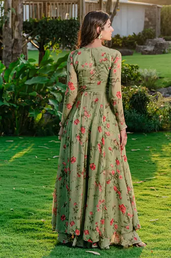 Pista green embroidered & printed anarkali set