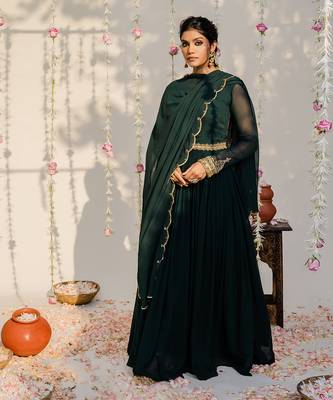 Bottle green embroidered anarkali set 1
