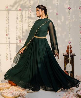 Bottle green embroidered anarkali set 2