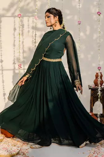 Bottle green embroidered anarkali set