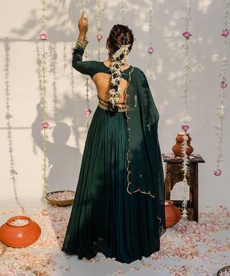 Bottle green embroidered anarkali set 3