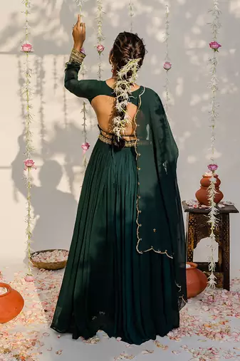 Bottle green embroidered anarkali set