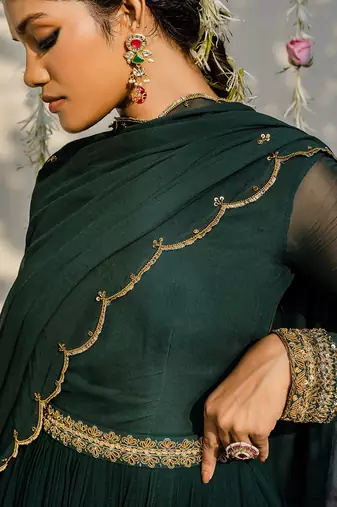 Bottle green embroidered anarkali set