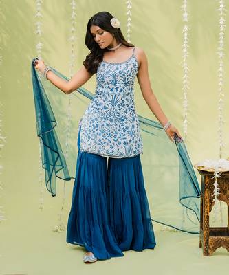 Teal blue floral printed sharara set 1